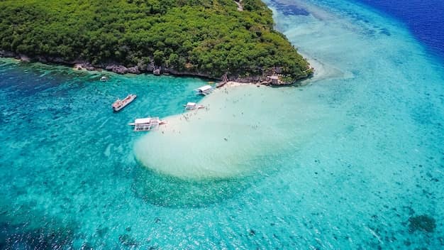 Aerial view of a sandy beach and swimmers in clear turquoise water off Sumilon Island near Oslob, Cebu, Philippines