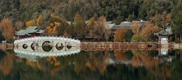 Black Dragon Pool park in Lijiang, Yunnan, with a traditional pavilion and arched stone bridge reflected in still water