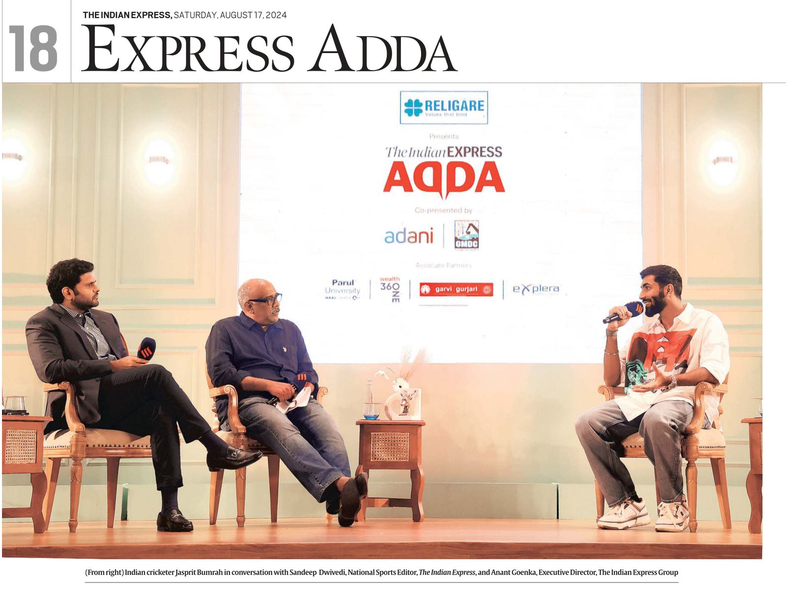 The Express Adda page of The Indian Express with Jasprit Bumrah in conversation on stage in Ahmedabad